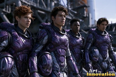 Four astronauts in purple suits stand outside a launch pad
