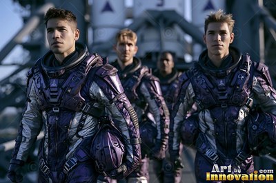 Astronauts walk forward in purple spacesuits under the pale blue daylight