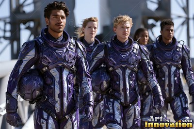 Walking forward on a sunny bridge, astronauts carry helmets in purple suits