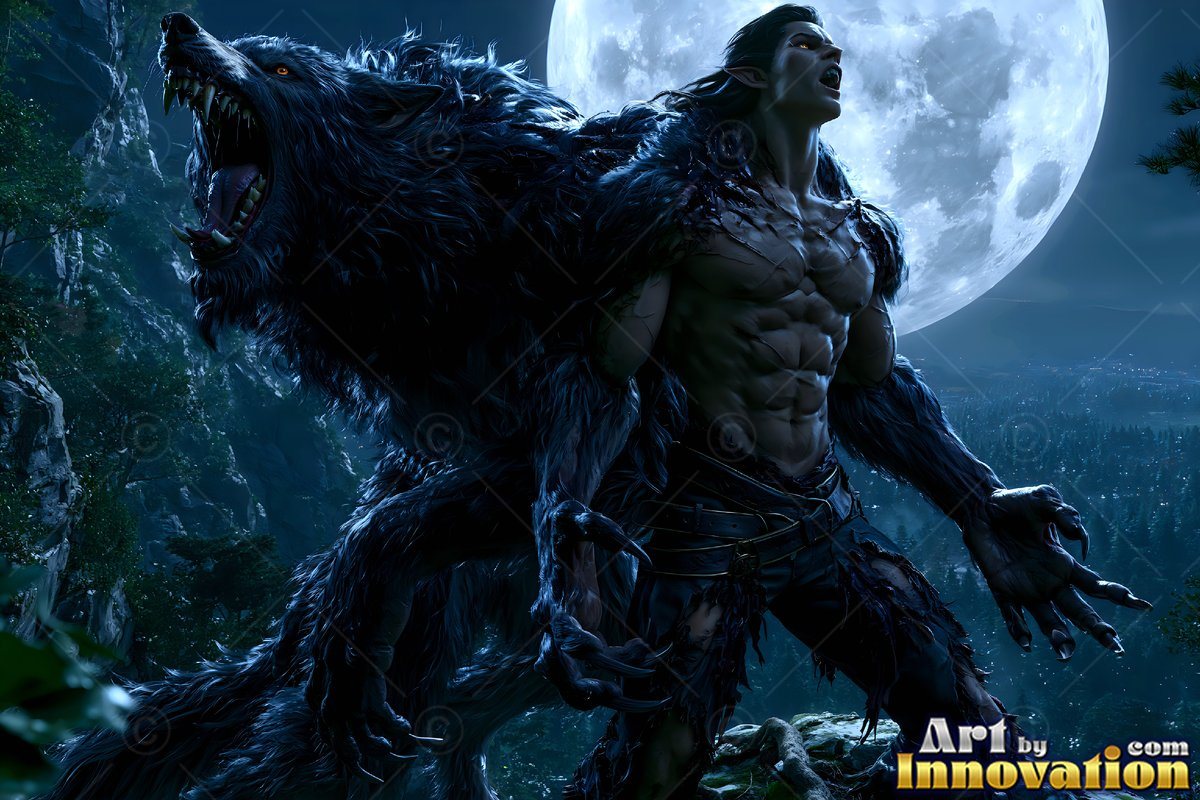 A werewolf howling beside a black wolf under a full moon night sky