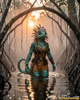 In a murky mangrove swamp, a green lizardfolk stands in shallow water at sunset