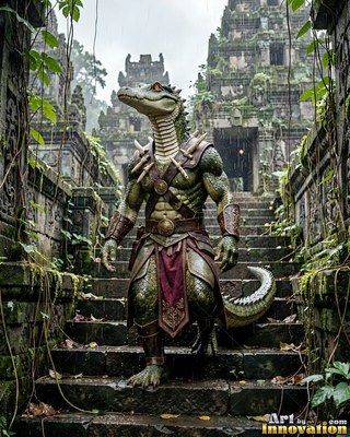 A green lizard soldier walks down wet stone temple stairs in the rain