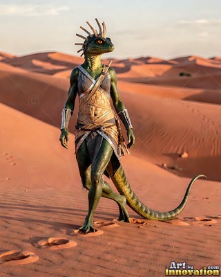 Spiked crest raised, a scaled green lizardfolk stands in leather armor on red sand dunes