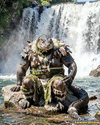 A lizardfolk fighter kneels on a river rock before a waterfall in bright daylight