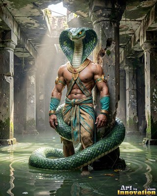 Standing upright in a flooded stone temple, a green cobra warrior rests by a pillar