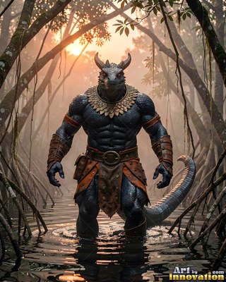 A muscular blue lizard warrior rests in murky swamp water at sunset