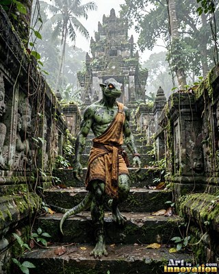 On stone temple steps, a lizardfolk walks down in tan robes