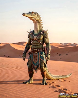 Standing on desert sand dunes, a green crocodile warrior wears leather armor