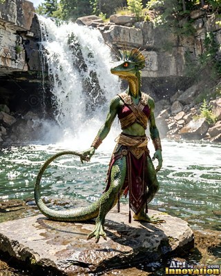 Green lizard person standing on a rock by a waterfall