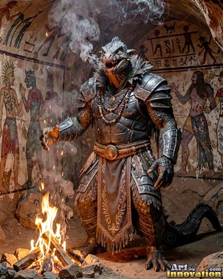 Metal plate armor covers a scaled lizard warrior breathing smoke by a cave campfire
