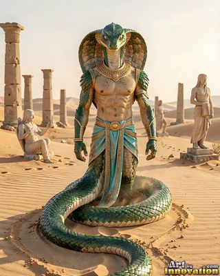 A green cobra naga stands coiled among desert ruins under pale sunlight