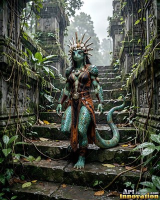 A green lizard person wearing a spiked crown walks down wet jungle ruins