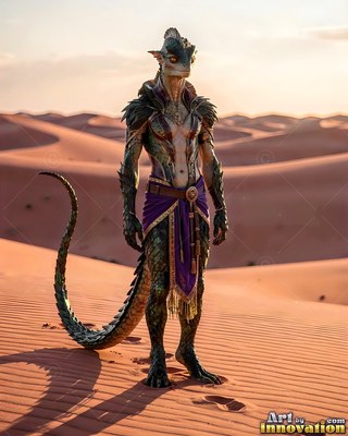 In a desert of sand dunes, a scaled warrior lizard stands in purple cloth
