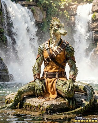 Sitting on a rock before a waterfall, a scaled green lizardfolk rests in a brown tunic
