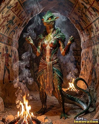 A green lizardfolk stands by a fire inside a painted cave