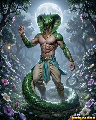 A green cobra hood crowns a muscular serpent figure standing in a moonlit flower garden