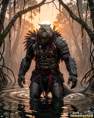 A horned scaled lizard warrior wades through murky swamp water under a pale orange sun