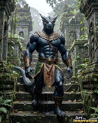 Stepping down wet stone steps, a dark lizard warrior pauses in the jungle rain