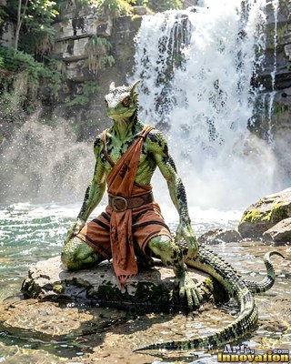 A green lizardfolk crouches on a river rock below a bright waterfall