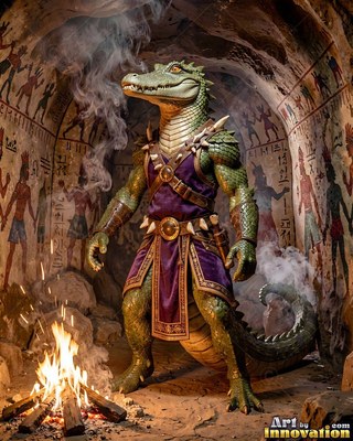 In a painted stone cave, a green crocodile warrior stands by a small campfire