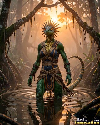 Wading in dark water of the swamp, a green lizardfolk warrior stands in warm sunlight