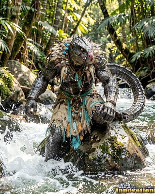 Scaled lizard warrior crouched on a mossy rock in a river