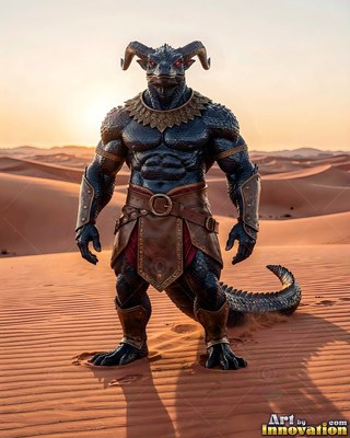 Curved ram horns crown a dark scaled lizardfolk warrior standing in a desert sand dune at sunset