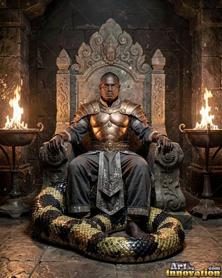 An armored warrior sits on a stone throne with a spotted serpent coiled at their feet between twin fire bowls
