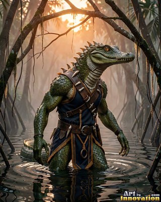 Standing waist-deep in a swamp, a lizardfolk warrior looks right
