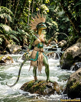 A green lizard person with a feathered headdress stands on a rock in a jungle river