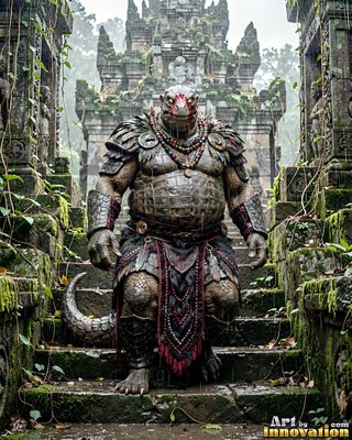On mossy stone steps, a heavy warrior lizard stands in dark leather armor