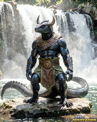 Standing on a river rock, a horned black scaled lizard warrior poses before a waterfall