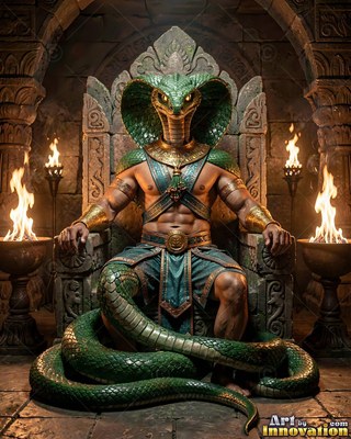 Green cobra person sitting on a stone throne between torches