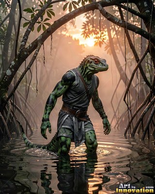 Wearing a gray tunic and belt, a green lizardfolk wades through shallow swamp water at sunset