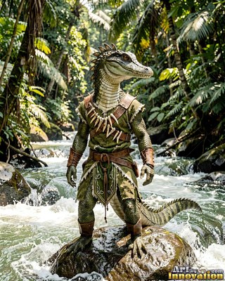 A lizardfolk soldier stands on a river rock in dappled green jungle sunlight
