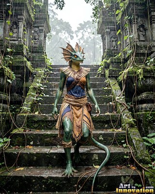 Walking down wet stone stairs, a green-scaled lizardfolk stands in the rain