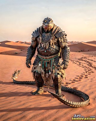 A scaly lizard fighter in spiked armor stands on red desert dunes