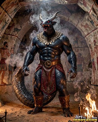 In a stone tomb, a horned lizard warrior rests by fire in a red loincloth