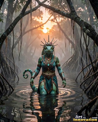Wading in shallow swamp water, a green-scaled lizardfolk wears a crown beneath the sunrise