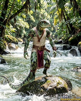 A green-scaled lizardfolk stands on a wet rock in a shallow jungle river