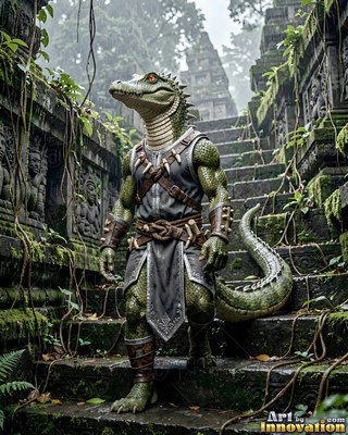 A lizard warrior in a gray tunic walks down mossy stone temple stairs