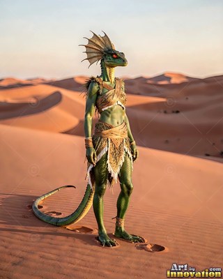 A green lizard person stands on orange sand dunes under soft evening light