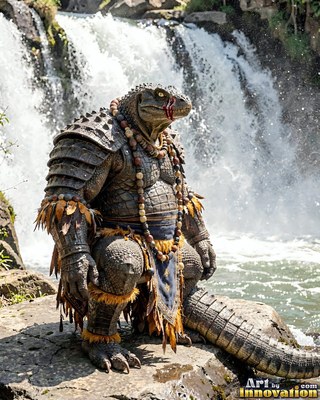 Crouching on rocks before a waterfall, a lizard warrior wears beads and dark armor
