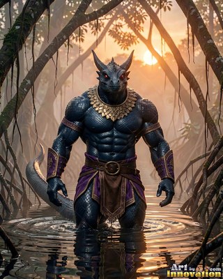 A muscular lizardfolk soldier stands in marsh water at sunset wearing purple cloth
