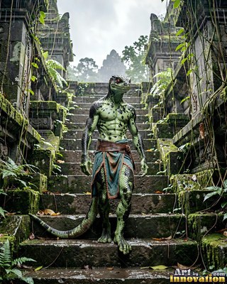 On mossy stone temple steps, a lizardfolk stands wearing a loincloth