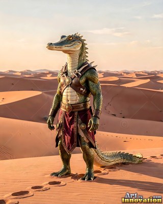Standing on a sand dune, a green crocodile warrior looks out across the sunny desert