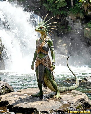 A green spiky lizardfolk standing on a rock by a waterfall