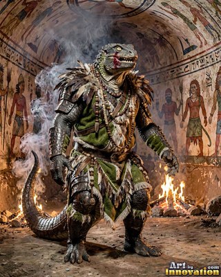 Wearing green cloth and bone necklaces, a reptile warrior pauses in a painted tomb