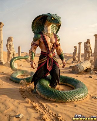 A cobra warrior strides across desert sand as warm sunlight shines on its green scales
