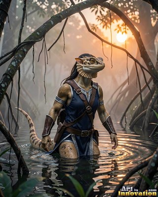 Wading waist-deep in a swamp, a lizardfolk soldier turns toward the sun